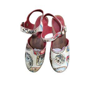 Sanita Women's 39 Mary Jean Inspired Wooden Platform Sandals Printed Straps & Re